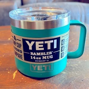 Yeti Rambler 14oz mug.NWT. Aquifer blue. Magslider top.